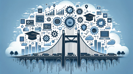 Illustration of a bridge with cars beneath, overlaid with educational and technology icons, graphs, and digital elements.