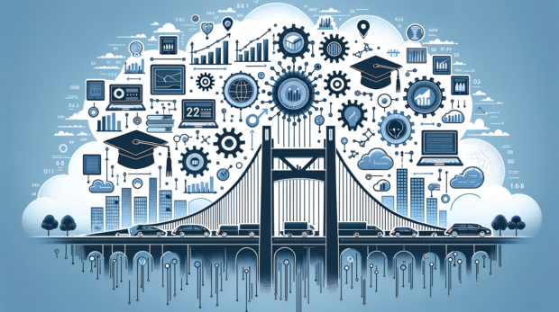 Illustration of a bridge with cars beneath, overlaid with educational and technology icons, graphs, and digital elements.