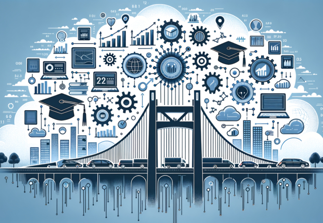 Illustration of a bridge with cars beneath, overlaid with educational and technology icons, graphs, and digital elements.