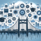 Illustration of a bridge with cars beneath, overlaid with educational and technology icons, graphs, and digital elements.