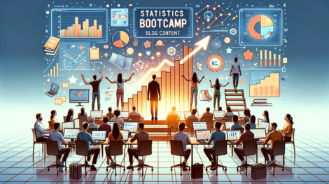 People in a classroom setting attending a statistics bootcamp, with digital graphs and charts displayed around them.