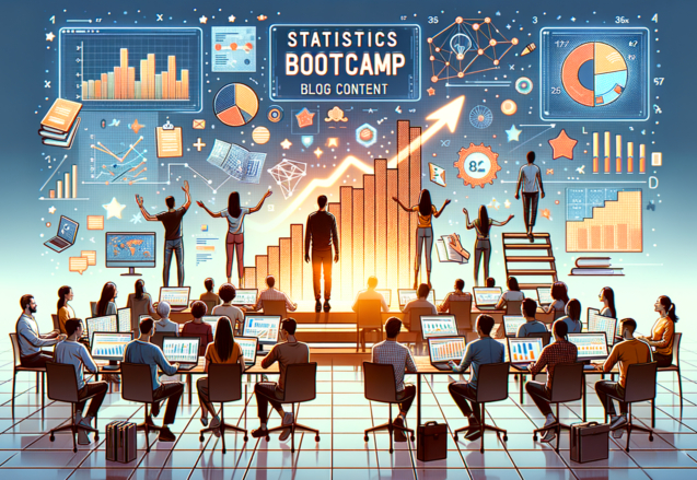 People in a classroom setting attending a statistics bootcamp, with digital graphs and charts displayed around them.