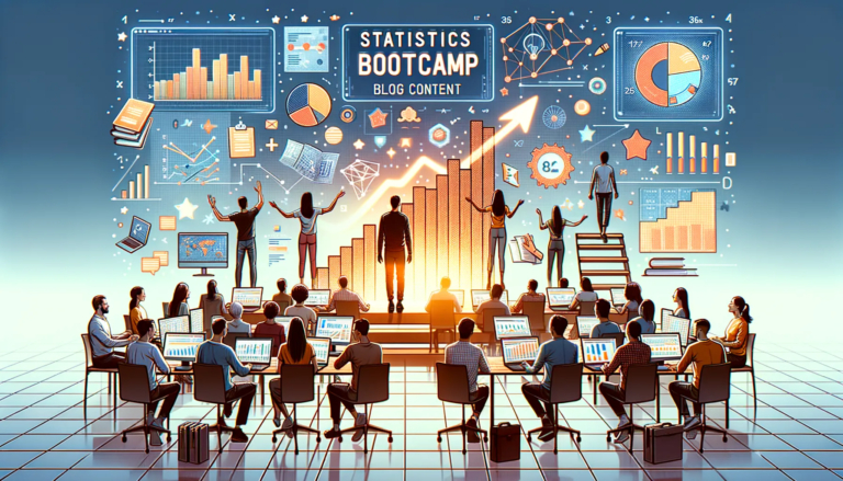 People in a classroom setting attending a statistics bootcamp, with digital graphs and charts displayed around them.